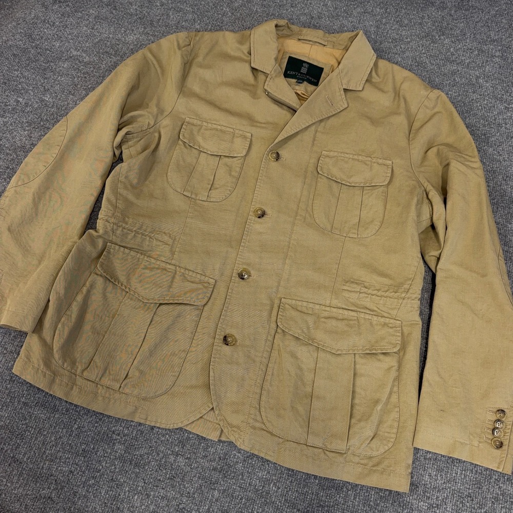 Kent and Curwen Jacket Men XL Khaki Tan Linen-Cotton Blend 4-Pocket Safari Field